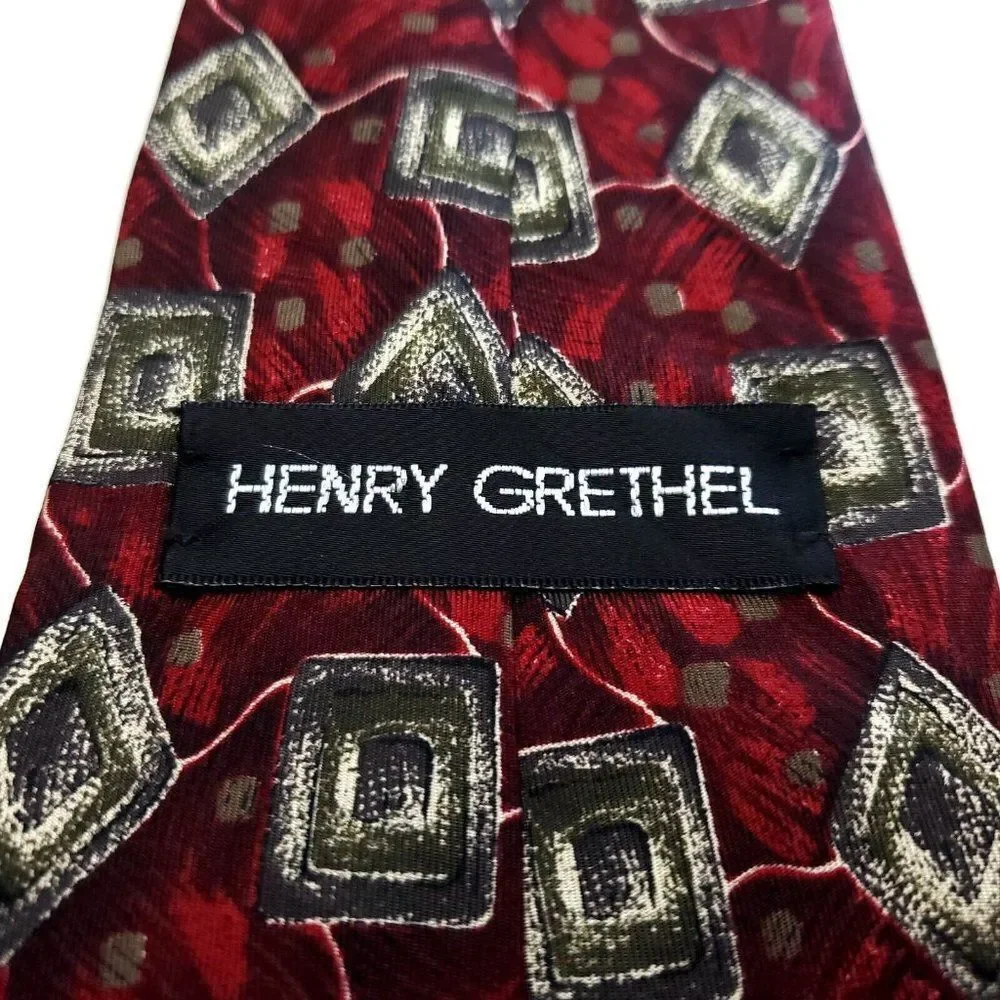Henry‎ Grethel Red Tan Abstract Print Short Wide Silk Tie